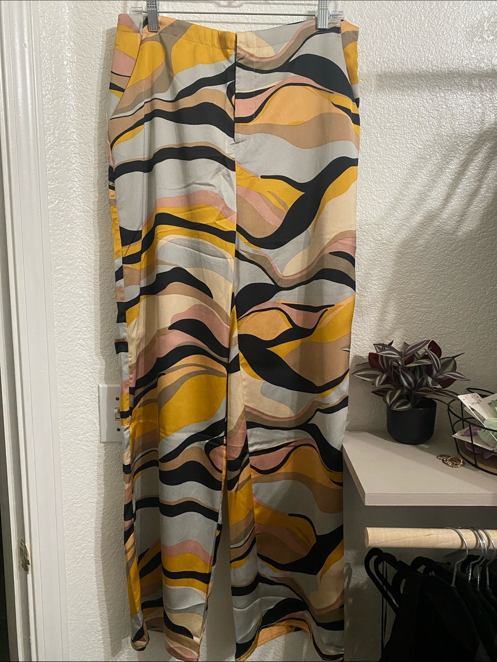 HYFVE Silk Multicolor Wavy Print Straight Leg Pants - Yellow, Black, Pink, Cream